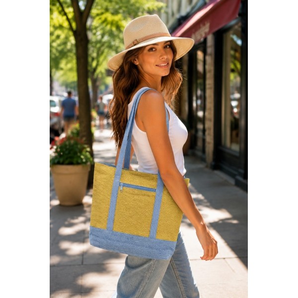 Straw Shopping Tote Bags - Paper Straw w/ Color Band Trim - Blue - BG-ST400BL